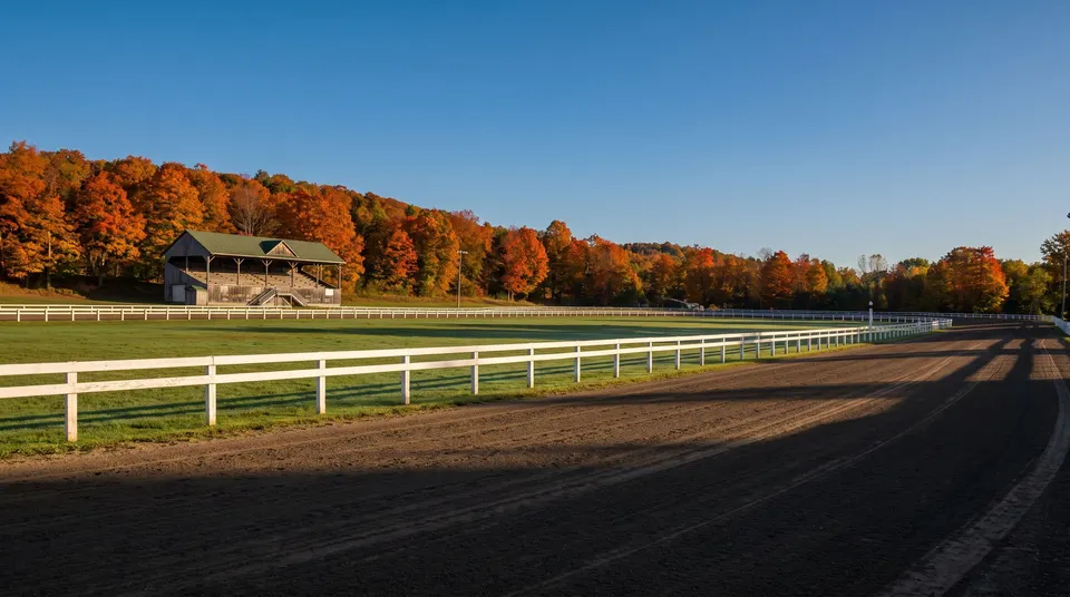 An empty harness-racing oval on a clear autumn morning: a brown dirt track, a long white rail, green infield, an old wooden grandstand with a green roof and orange maples behind.