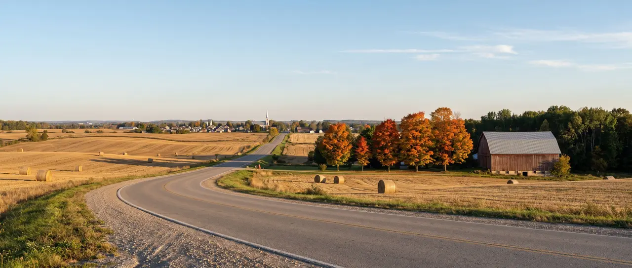 A country road curving through harvested fields and hay bales toward a small town with a white church steeple, maples turning orange beside a red-brown barn.