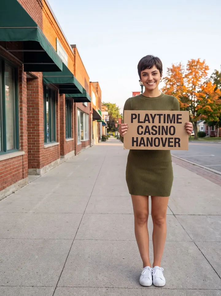 A young woman with a dark pixie cut, in an olive-green knit mini dress and white sneakers, stands on a small-town sidewalk by red-brick storefronts in autumn, holding a kraft-paper board lettered “Playtime Casino Hanover”.